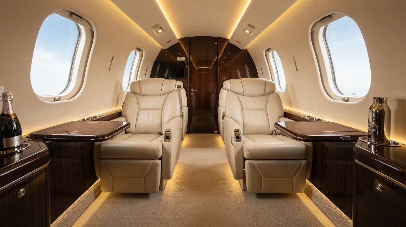 The image depicts a luxurious private jet cabin featuring cream leather seats and polished wood accents, creating an elegant and comfortable environment for passengers. This opulent interior highlights the sophistication of ultralight aviation and the freedom of flight.