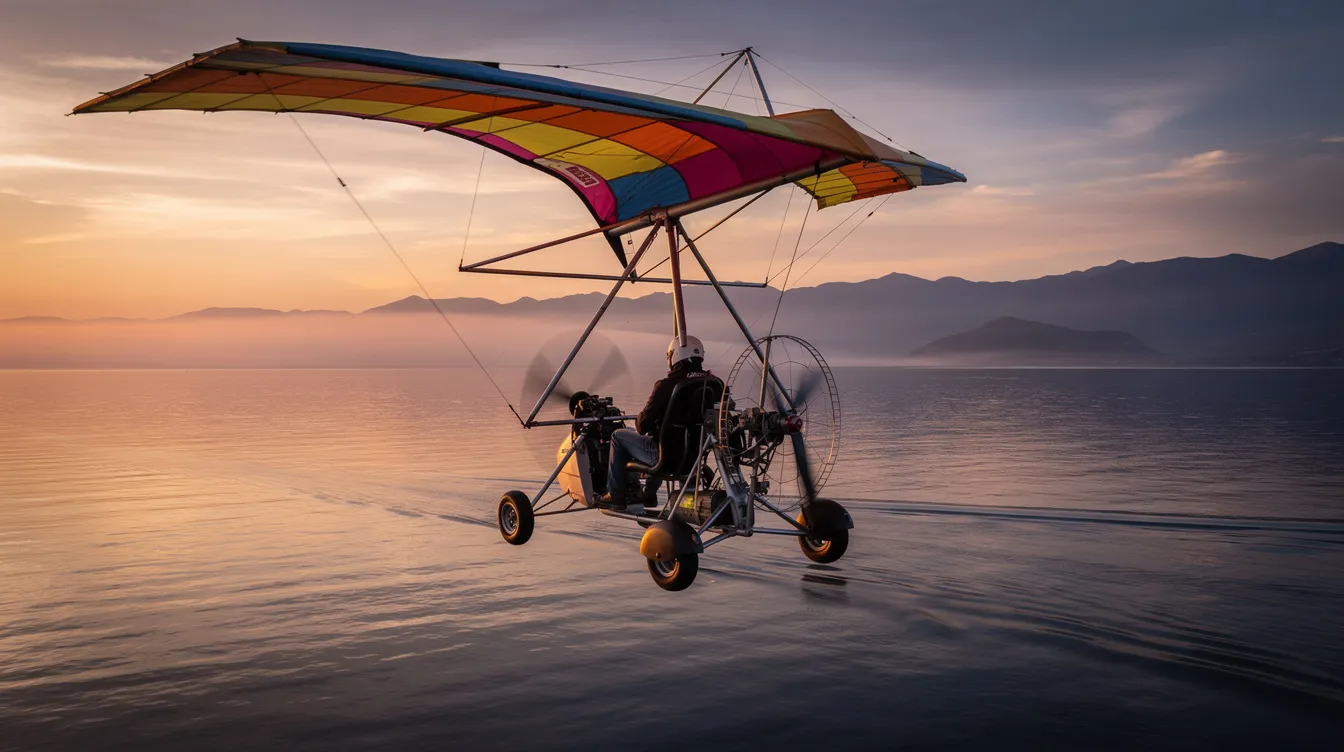 A weight-shift trike microlight, a type of ultralight aircraft, gracefully flies over calm open water at sunset, with majestic mountains silhouetted in the background. This scene captures the essence of recreational flying and microlight aviation, showcasing the freedom and beauty of flight.