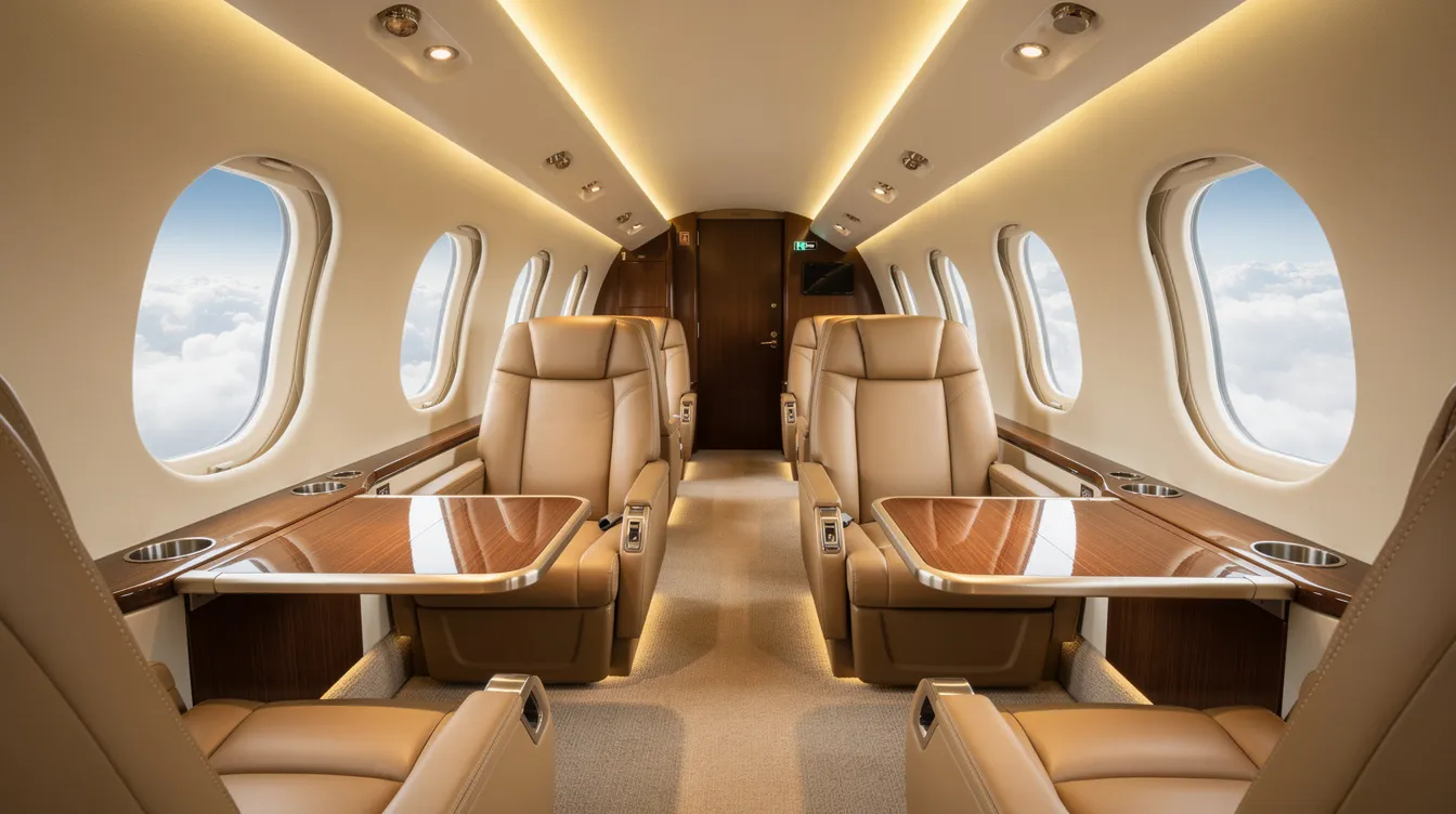 The image depicts a luxurious private jet cabin interior featuring ambient lighting, plush leather seats, and large windows that reveal a view of fluffy clouds outside, embodying the elegance and comfort of business aviation. This setting highlights the high-end experience of flying in a Bombardier Global aircraft, designed for both relaxation and productivity.