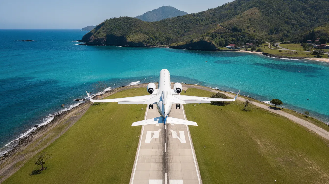 An aerial view captures a private jet gracefully approaching a small coastal airport, surrounded by vibrant turquoise waters and lush green hills, exemplifying the allure of private aviation and the advantages of aircraft ownership. This scene highlights the convenience and time savings associated with owning a private plane, as opposed to navigating crowded terminals.