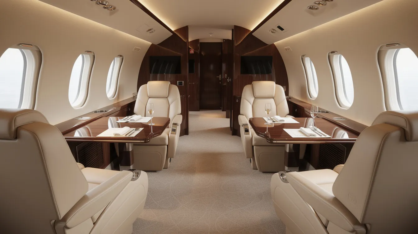 The image depicts the interior of a luxurious large cabin private jet, featuring plush cream leather seats and elegant polished wood accents, exemplifying the comfort and sophistication associated with private aviation and aircraft ownership. This opulent setting highlights the unparalleled convenience and significant time savings that come with owning a private plane.