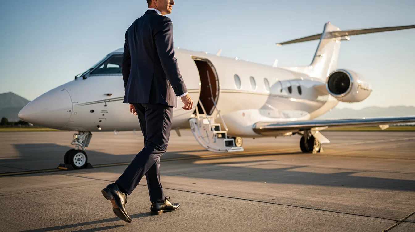 A business executive in a dark suit confidently walks toward a midsize private jet parked on a sunlit tarmac, showcasing the allure of private aviation and the advantages of owning a private plane for business trips. The scene highlights the convenience and significant time savings that come with private jet ownership, allowing for travel to different cities without the hassle of crowded terminals.