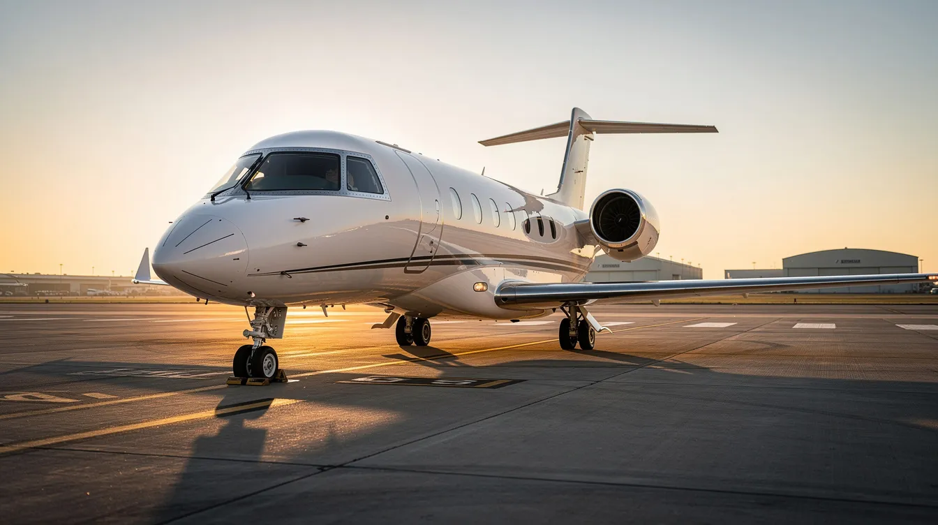 A sleek private jet is parked on a tarmac, showcasing its modern design and polished exterior, symbolizing the luxury of aircraft ownership and the aviation industry. This image highlights the role of aircraft brokers in facilitating aircraft transactions and acquisitions for potential buyers and sellers.