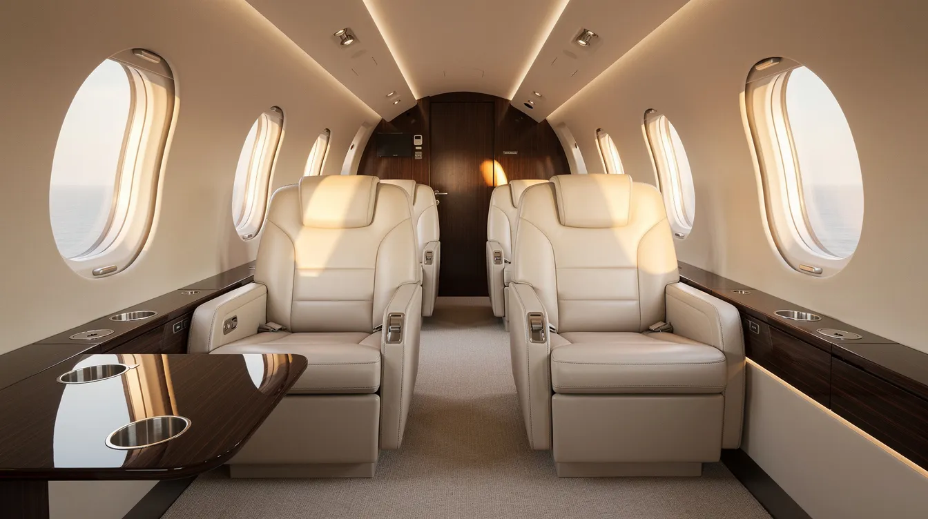 The image shows the interior of a modern light jet cabin featuring cream leather seats and a polished wood side table, illuminated by natural window light, creating an inviting atmosphere for private jet travel. This luxurious setting is ideal for personalized service, making it a perfect choice for travelers seeking comfort and style in private charter flights.