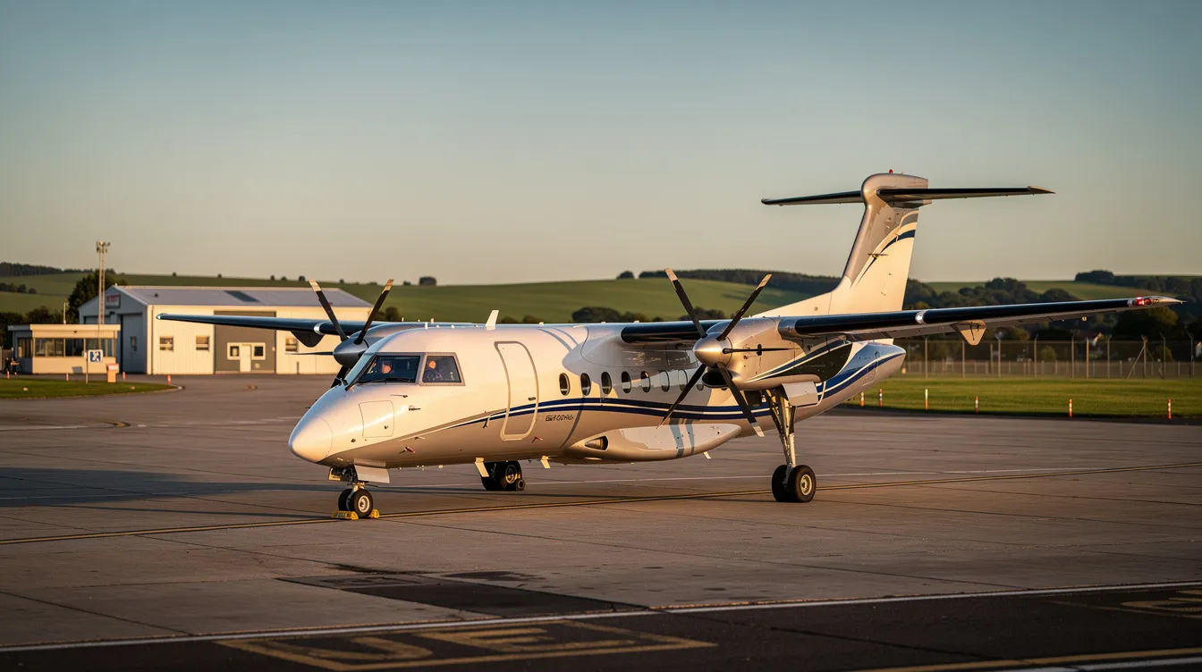 A sleek turboprop aircraft is parked on a quiet tarmac at a small regional airport, surrounded by lush green hills and under a clear blue sky, highlighting the appeal of private aviation for travelers seeking personalized service and flexible travel options. This tranquil setting emphasizes the convenience of private charter flights away from congested airports.