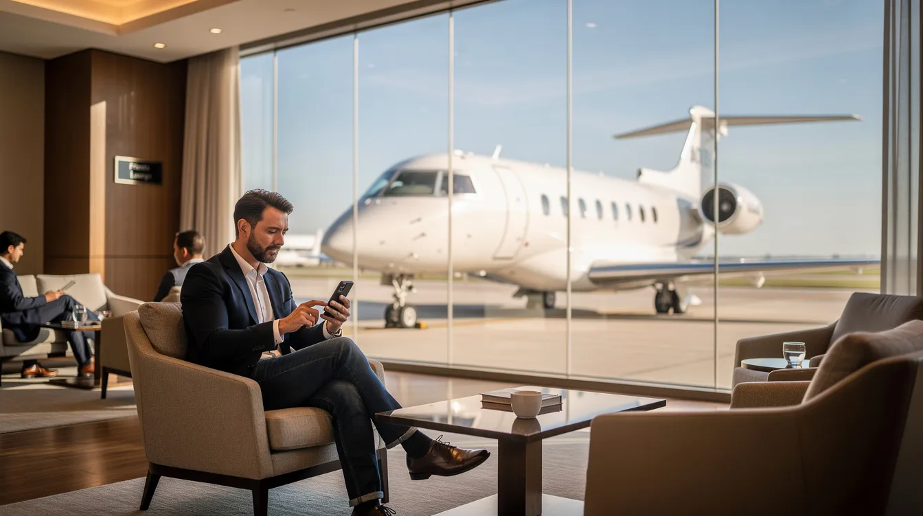 A traveler sits comfortably in an elegant FBO lounge, using a smartphone while a sleek white private jet is visible through the expansive floor-to-ceiling windows, showcasing the luxury of private aviation and private jet travel. The scene highlights the personalized service and comfort that frequent travelers can expect when utilizing private charter flights.