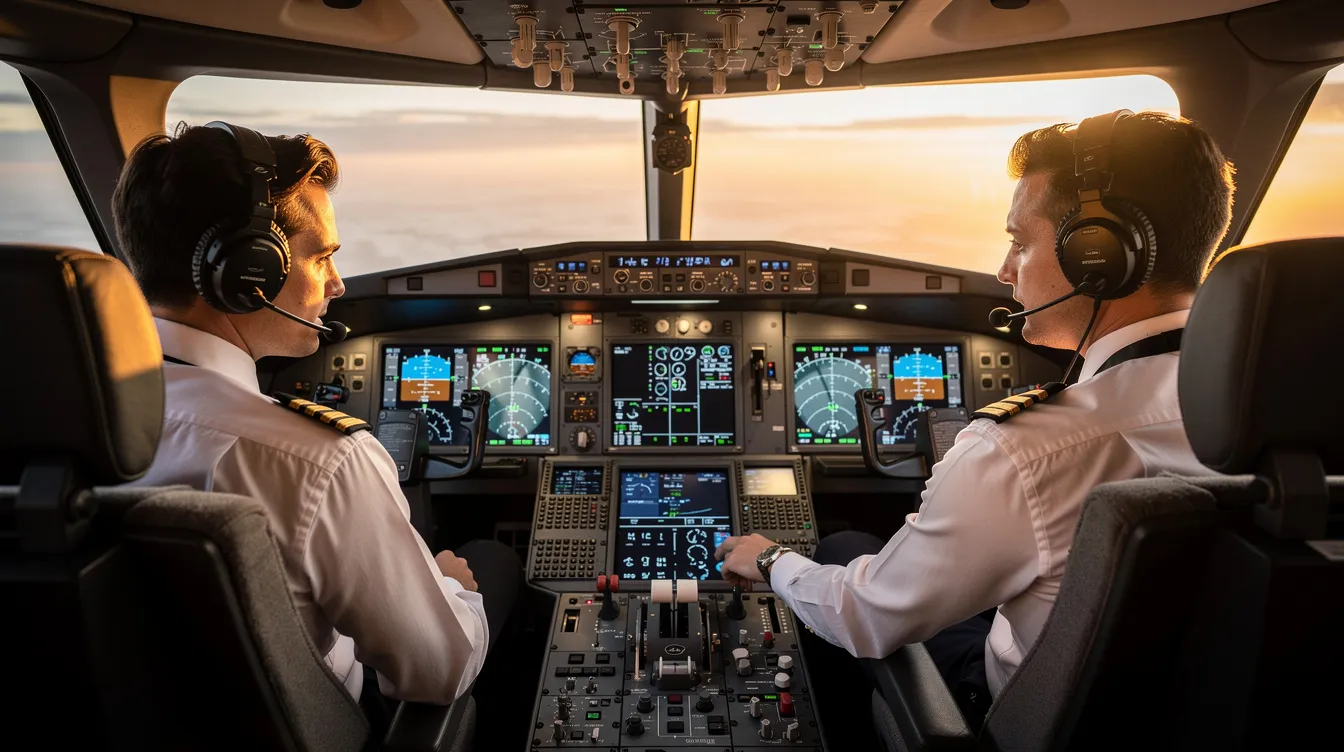 The image depicts two professional pilots inside a modern light jet cockpit during golden hour, with instrumentation panels softly glowing, creating a warm and inviting atmosphere. This setting emphasizes the sophistication of private jet travel and the personalized service offered in private aviation.
