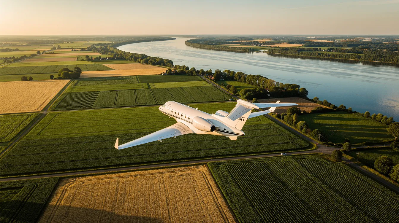 An aerial view showcases a small private jet soaring above a vibrant patchwork of green and golden farmland, with a river gracefully winding through the landscape, symbolizing the allure of private aviation and the charm of personalized service in private jet travel.