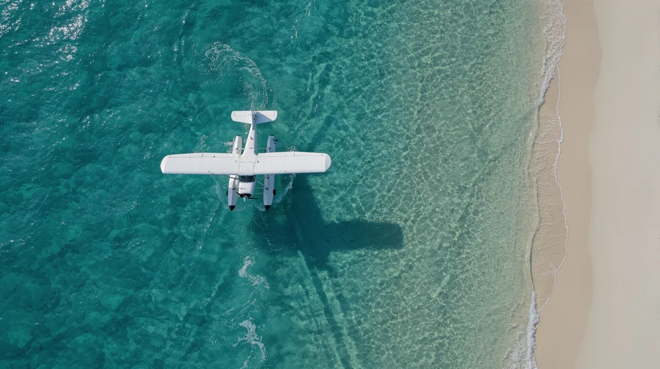 An overhead view captures a small white seaplane, a light sport aircraft, flying low over the turquoise coastal water near a sandy beach. The aircraft's retracted main landing gear is visible, emphasizing its design elements as it glides effortlessly above the sparkling sea.