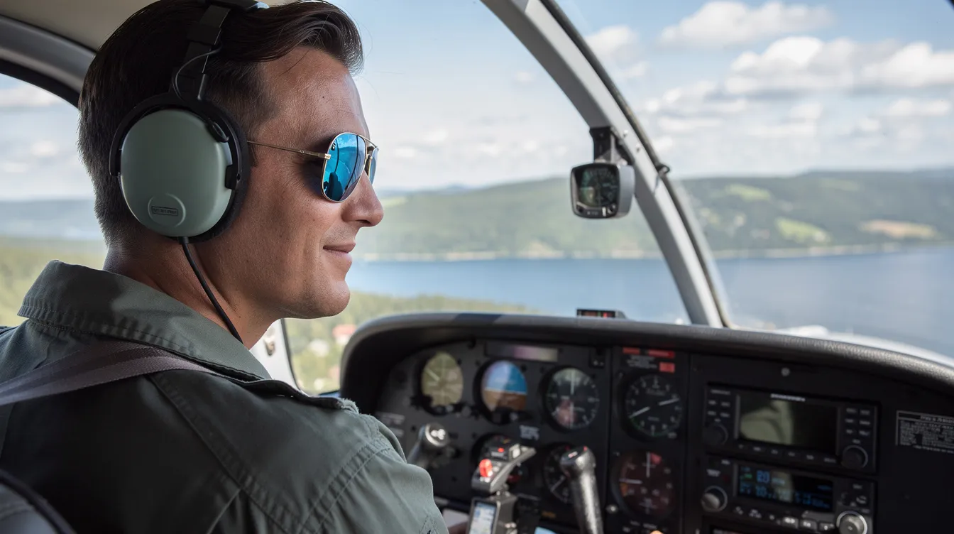 A pilot wearing sunglasses is seated in the cockpit of a light sport aircraft, with a stunning view of a lake visible through the canopy window. The scene captures the essence of general aviation, highlighting both the pilot's experience and the aircraft's design elements.