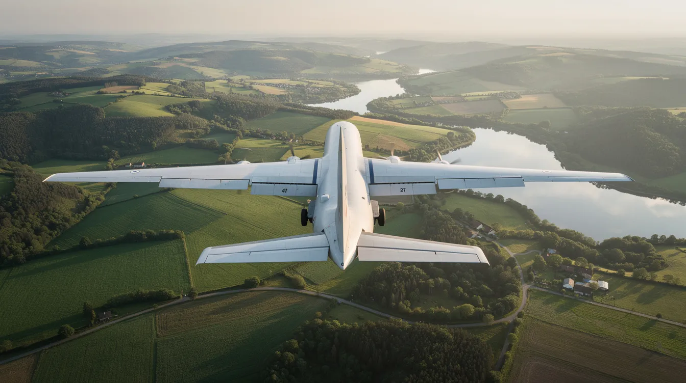 An aerial view captures the world's largest cargo aircraft, a large twin-tail design, soaring over lush green countryside with winding rivers below. This impressive plane showcases its unique design and massive wingspan, symbolizing advancements in the aviation industry.