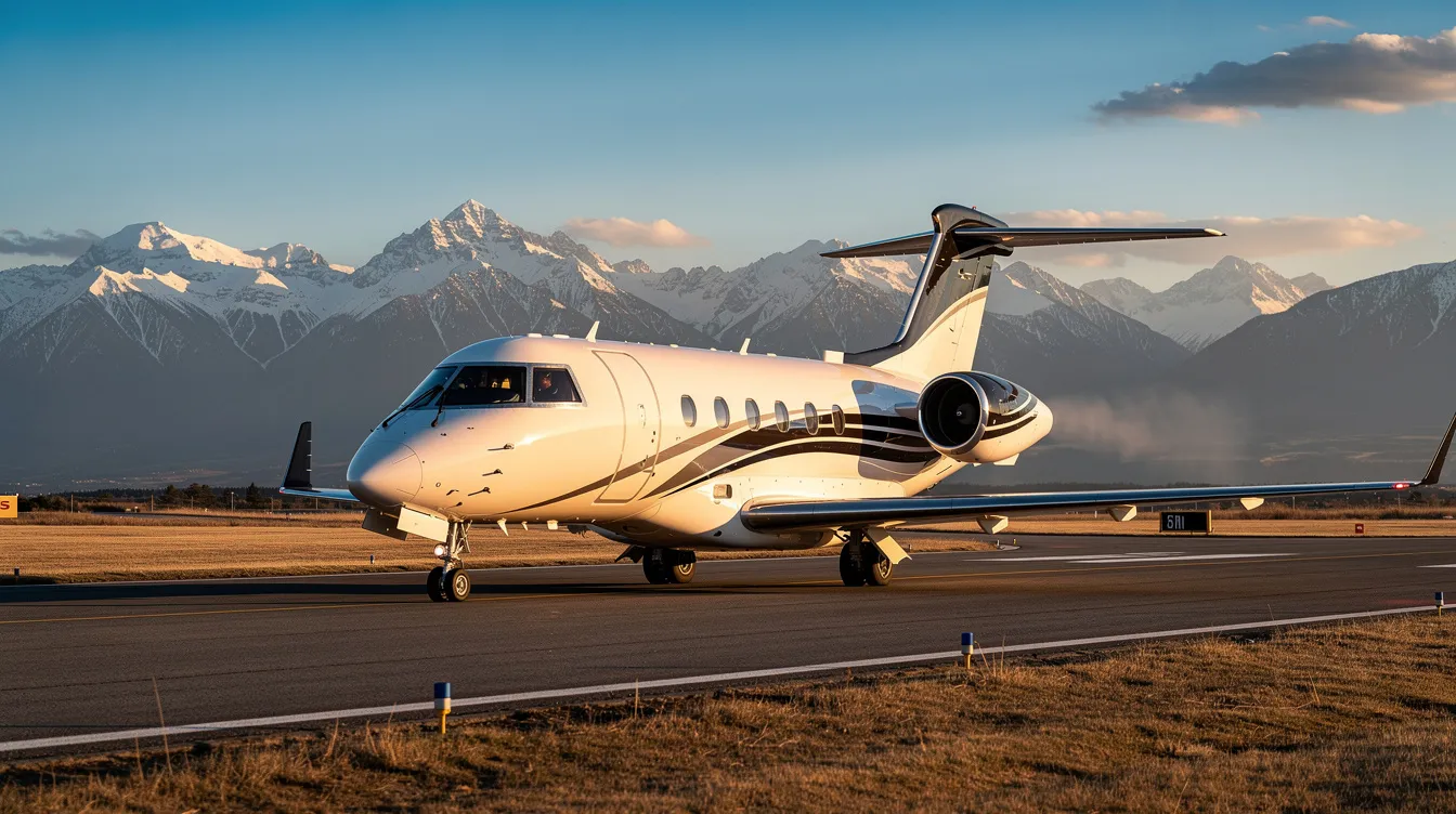 A sleek midsize private jet is taxiing on a runway, with majestic snow-capped mountains visible in the background, showcasing the beauty of aviation against a stunning natural landscape. The scene highlights the elegance of modern passenger aircraft in contrast to the rugged terrain.