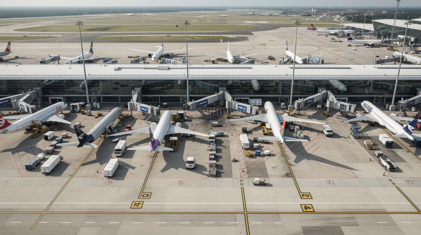 An aerial view of a busy international airport showcases multiple large commercial aircraft parked at their gates, including some of the world's largest passenger aircraft, highlighting the scale and activity of the aviation industry. The scene captures the impressive lineup of passenger and cargo aircraft, emphasizing their significant passenger capacity and unique designs.