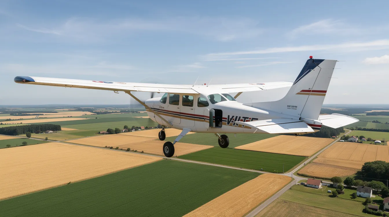 A low-wing Piper Cherokee aircraft is soaring over expansive farmland under a clear blue sky, showcasing its sleek design as a reliable training aircraft for novice pilots. This four-seat single-engine plane is an excellent platform for primary and instrument training, making it a popular choice among new pilots and experienced instructors alike.