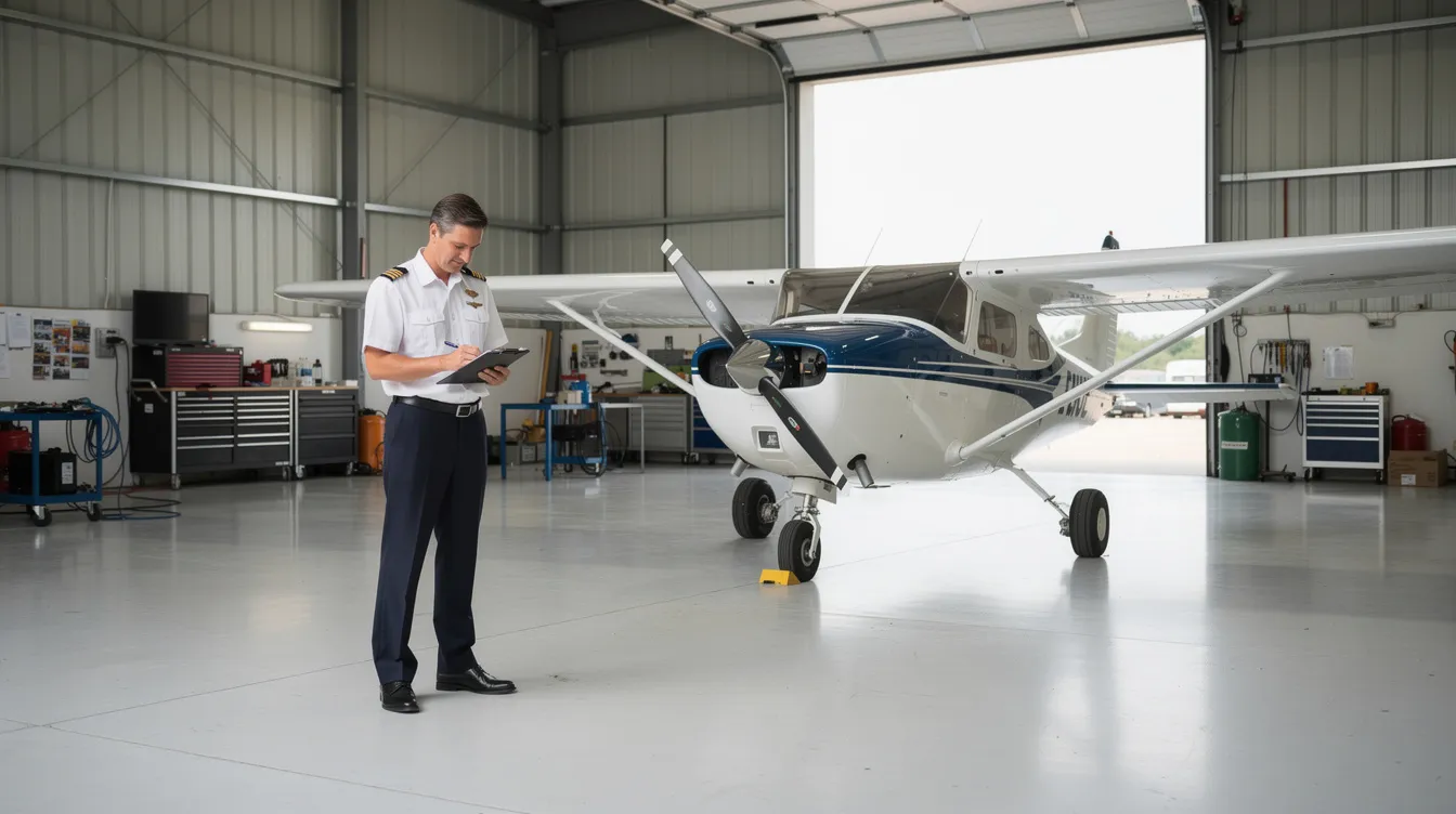 A pilot is reviewing paperwork next to a small, well-maintained Cessna 172 Skyhawk aircraft inside a hangar, which is known as a good trainer for novice pilots and an excellent platform for flight training. The scene highlights the importance of proper planning and research in selecting the right aircraft for primary and instrument training.