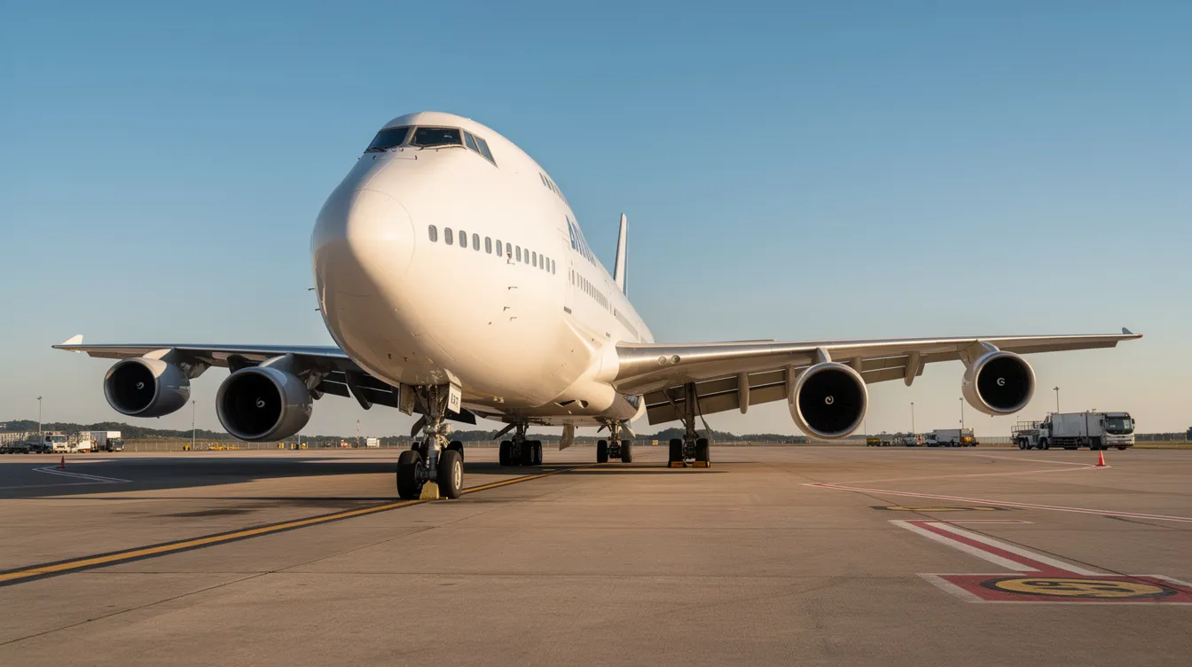 A classic Boeing 747-400, one of the most recognized commercial airplanes, is parked on an airport tarmac under a clear blue sky, showcasing its iconic wide-body design and landing gear. This aircraft, known for its spacious cabin and passenger comfort, represents a significant part of commercial aviation history.