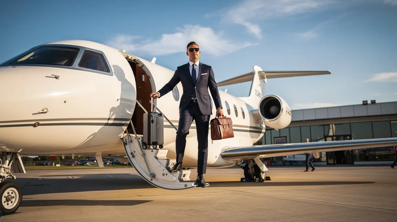 A business traveler is stepping aboard a private jet at a sunny private terminal, showcasing the luxury and comfort of air travel. The sleek aircraft, designed for efficiency and performance, stands ready for a smooth flight experience.