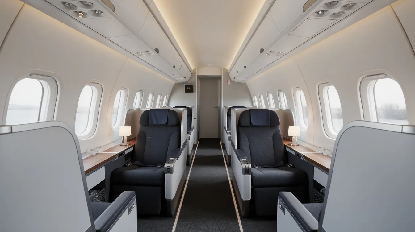 The image depicts the interior of a modern widebody aircraft cabin, featuring large windows that allow natural light to fill the space, complemented by soft ambient lighting for enhanced passenger comfort. The design emphasizes a spacious cabin width, providing a pleasant atmosphere for travelers on long-haul flights in commercial aviation.