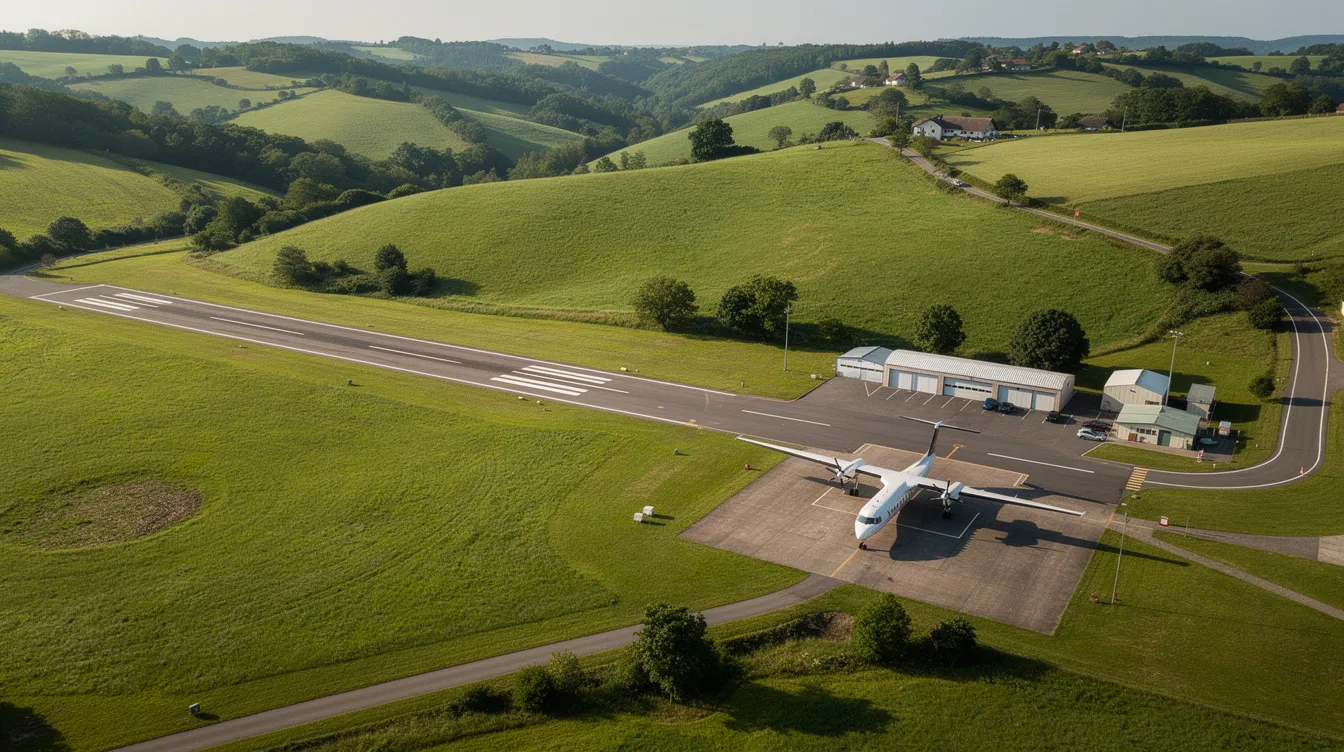 An aerial view captures a small private airport surrounded by lush green hills, featuring a short runway and a parked modern turboprop aircraft on the tarmac, showcasing the practical turboprop engines designed for regional connectivity and operational flexibility. The scene highlights the airport's suitability for smaller aircraft and short haul routes amidst a picturesque landscape.