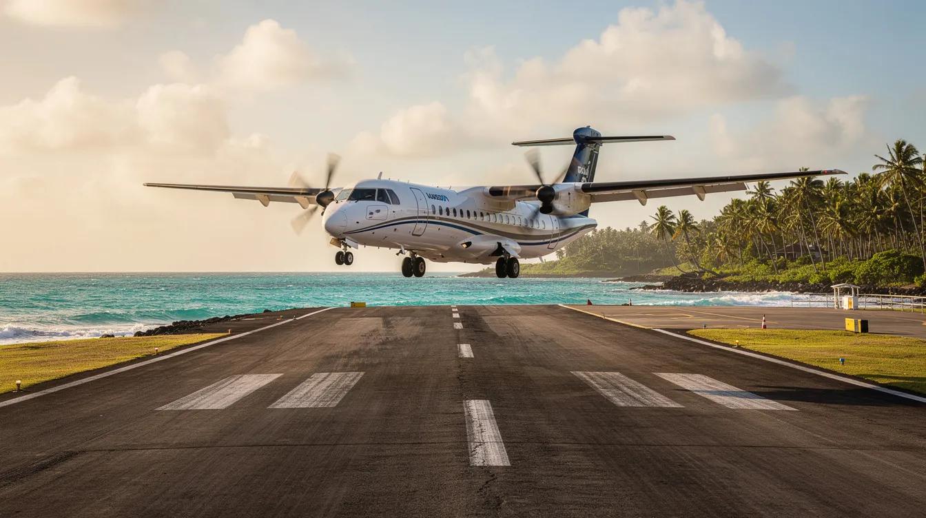 A modern turboprop aircraft is landing on a short coastal runway, surrounded by turquoise water and palm trees in the background, showcasing its efficient propeller propulsion system. The aircraft's design allows for optimal fuel efficiency and operational flexibility, making it ideal for regional routes and smaller airports.