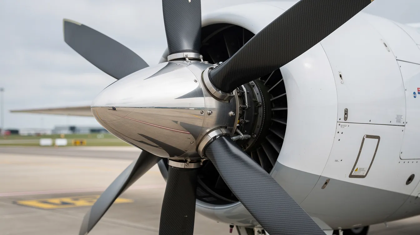 The image shows a close-up of a modern five-blade composite propeller mounted on a turboprop engine nacelle, highlighting the intricate design of the propeller blades and the advanced materials used in modern turboprop engines. This setup is essential for enhancing fuel efficiency and performance in modern turboprop aircraft, particularly for regional routes and short runways.