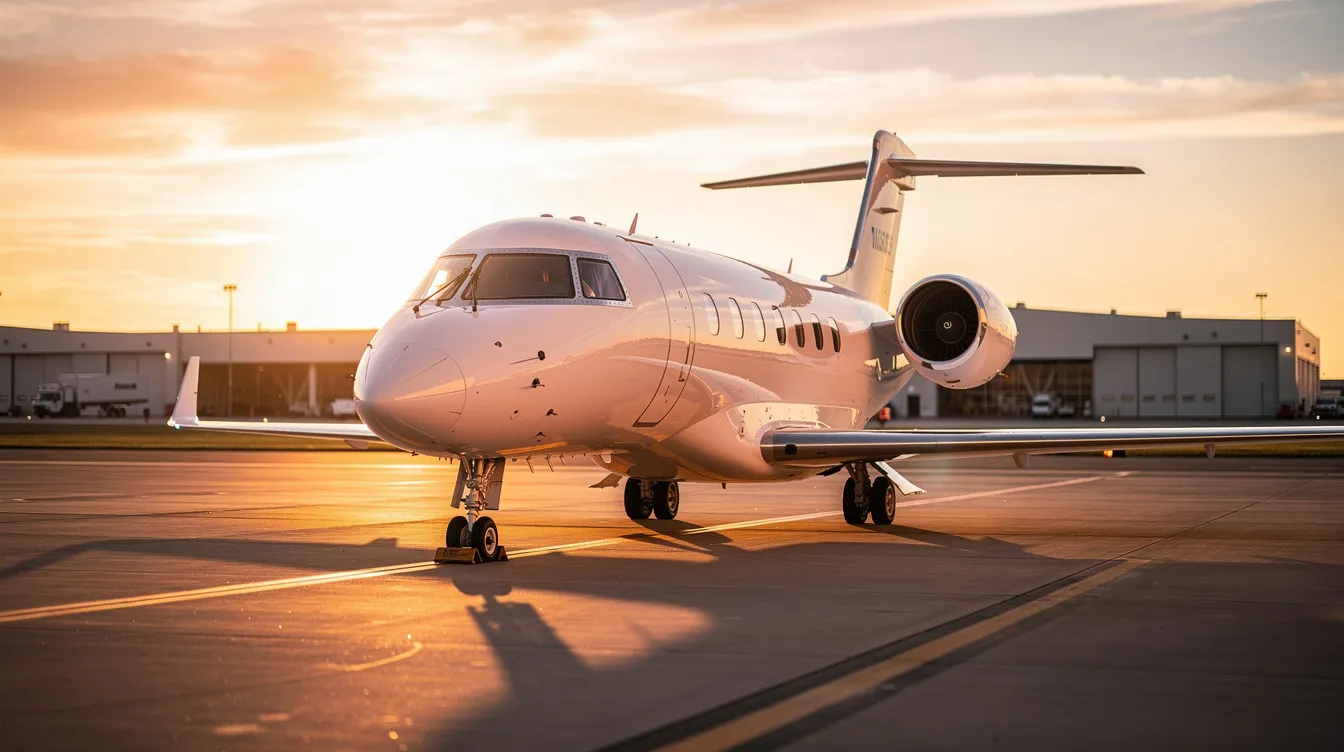 A sleek private jet is parked on a tarmac at sunset, with warm golden light reflecting off its fuselage, creating a striking contrast against the evening sky. The aircraft stands as a symbol of luxury and advanced engineering, showcasing its streamlined design and polished surface.