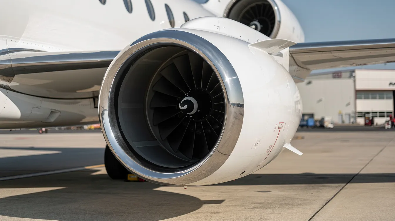 A close-up view of a modern turbofan jet engine nacelle showcases the sleek design of the jet engine on a business jet parked on the tarmac, emphasizing the advanced technology that allows jet aircraft to fly faster and more efficiently. The shiny metallic surface reflects the sunlight, highlighting the intricate components that contribute to the aircraft's performance in the aviation industry.