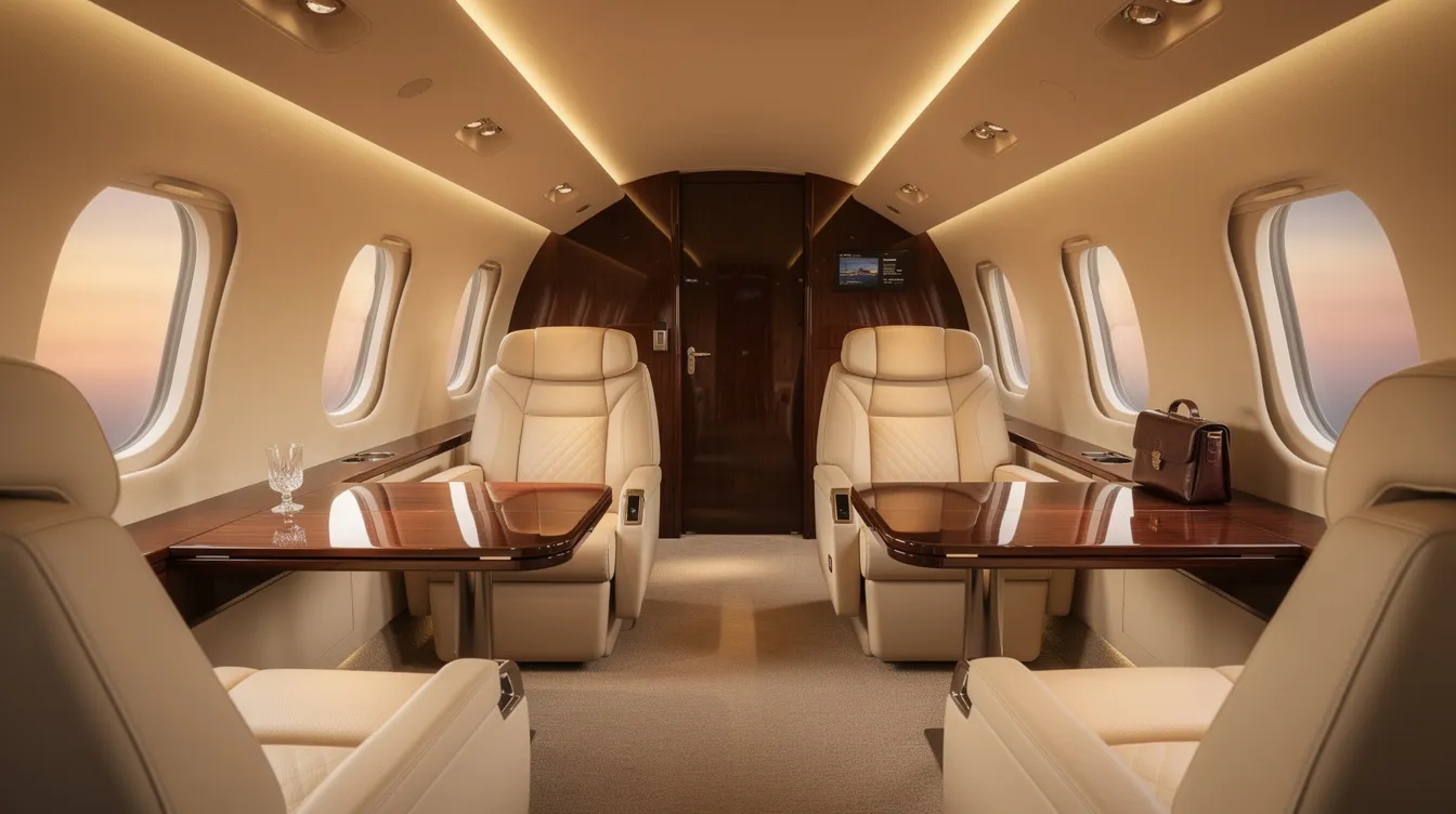 The image depicts the interior of a luxurious modern private jet cabin featuring cream leather seats and warm ambient lighting, creating an inviting and elegant atmosphere for passengers. This sophisticated space is designed for comfort and style, enhancing the flying experience in a jet aircraft.