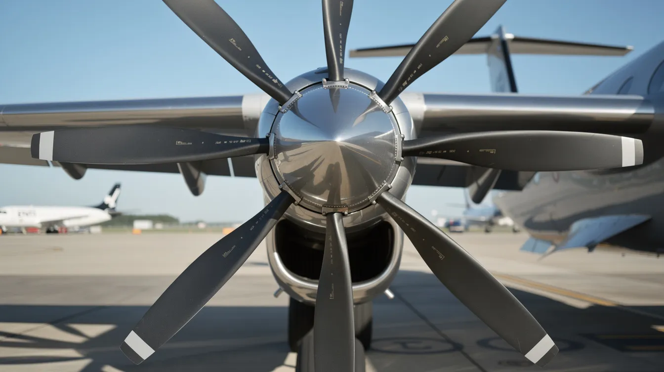 A close-up view of a five-blade composite propeller on a modern turboprop aircraft is shown, highlighting the sleek design and intricate details of the blades. The aircraft is parked on a tarmac, showcasing its propeller propulsion system, which is known for its fuel efficiency and quieter operation compared to traditional jet engines.