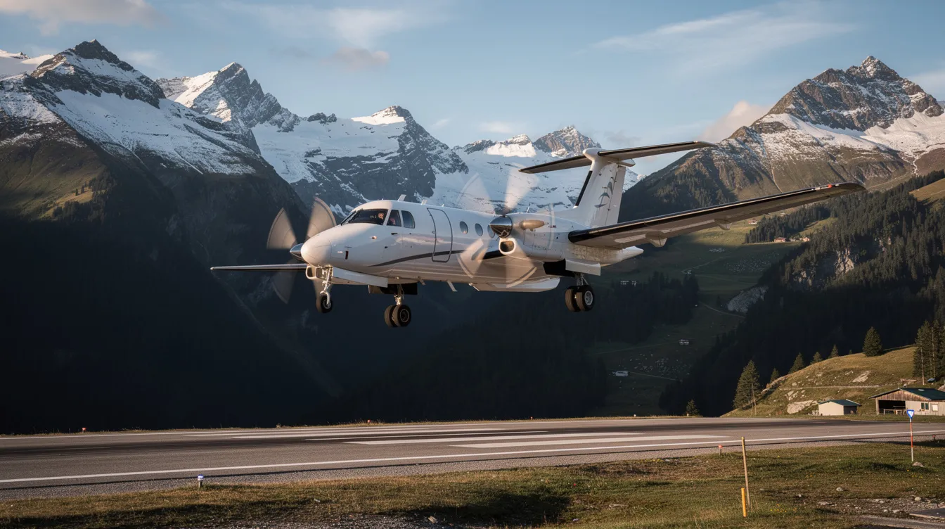 A sleek modern turboprop aircraft is landing on a short mountain runway, surrounded by stunning alpine scenery. The propeller-driven aircraft showcases its efficient design, ideal for accessing remote areas with lower altitudes.