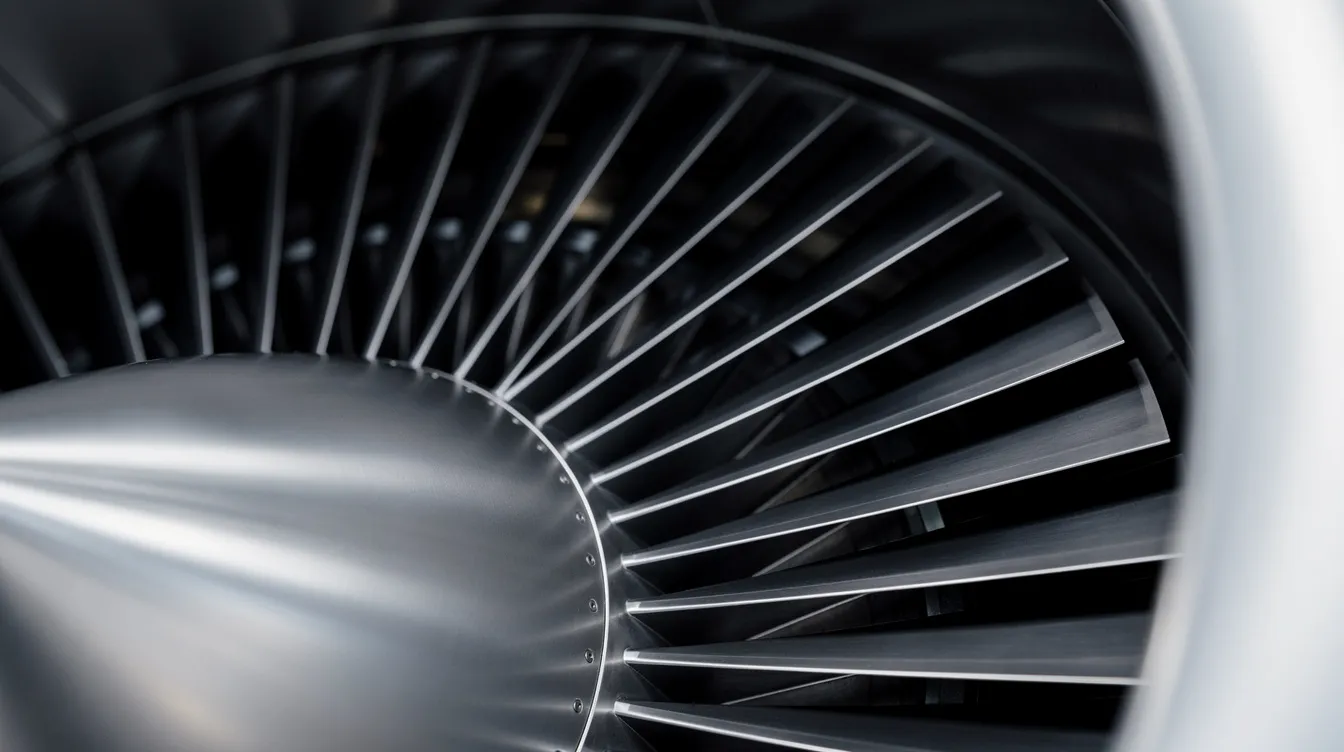 A detailed close-up photograph showcases polished turbine blades inside a jet engine, highlighting their metallic surfaces and intricate engineering. The image emphasizes the precision of the turbine blades, which play a crucial role in the propulsion efficiency of gas turbine engines.