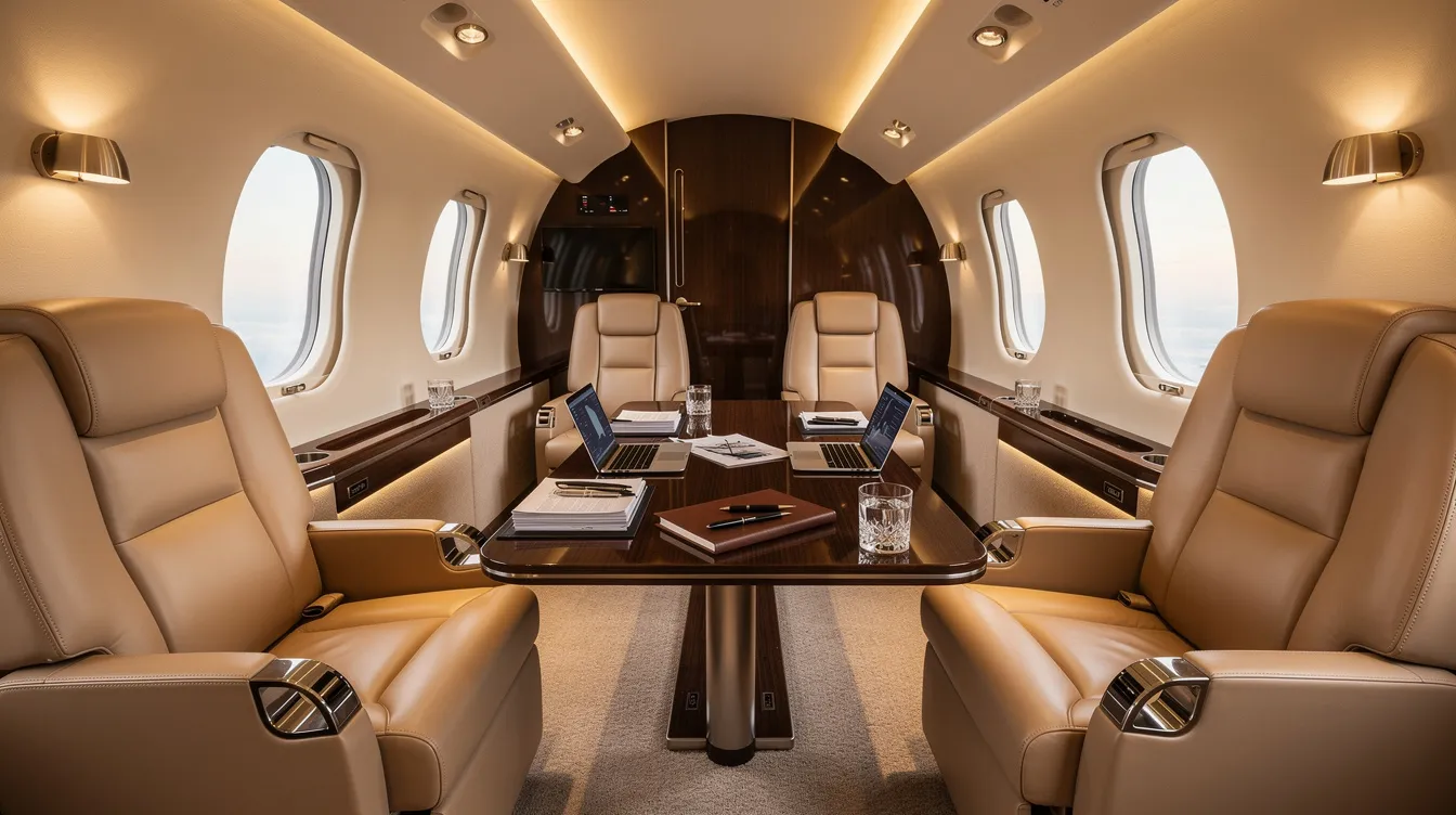 The image depicts a luxurious private jet cabin interior featuring plush leather seats, warm ambient lighting, and a polished work table elegantly set for a meeting, emphasizing comfort and sophistication in aviation travel. The design reflects the high standards of private air travel, where every detail enhances the experience of flying at very high altitudes.