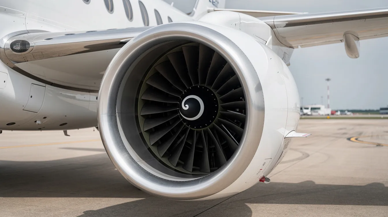 A close-up photograph showcases the large intake of a turbofan engine mounted on a business jet wing, revealing intricate fan blades designed for efficient airflow and propulsion. The image highlights the engine's role in producing thrust and managing incoming air for optimal performance during flight.