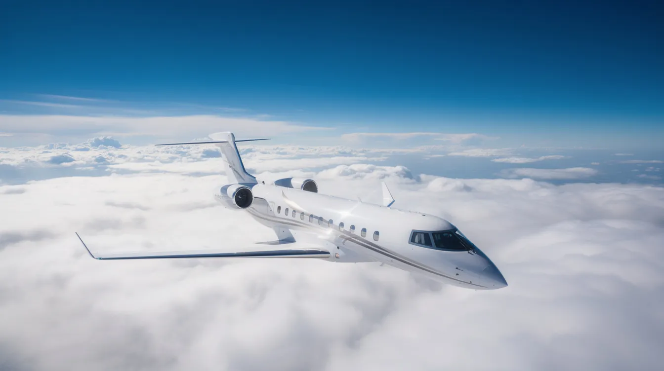 A private jet, equipped with a powerful jet engine, soars at high altitude above a thick blanket of white clouds, under a clear blue sky. The aircraft showcases the principles of aviation and propulsion efficiency as it glides effortlessly through the atmosphere.