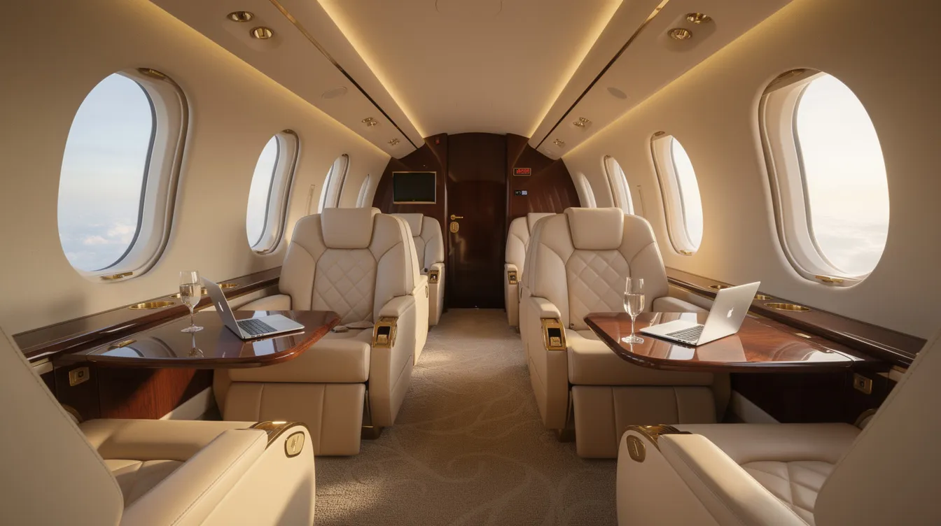 The image depicts the interior of a luxury private jet cabin, featuring plush leather seats and soft ambient lighting, creating a serene atmosphere during flight. The setting reflects an exclusive travel experience, where passengers can enjoy comfort and elegance while soaring through the upper atmosphere, possibly influenced by jet stream winds.