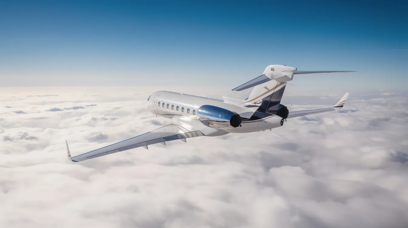 A large-cabin private jet is soaring high above a thick layer of white clouds under a clear blue sky, illustrating the elegance of civil aircraft operating within controlled airspace. The scene captures the essence of aviation, where the aircraft maintains its specified altitude and speed limits, ensuring a smooth flight experience.
