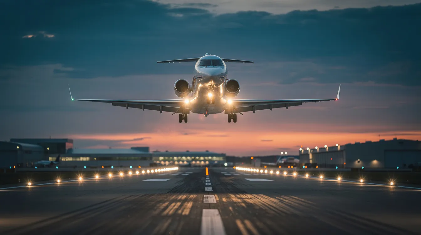 A sleek business jet is depicted on short final approach, with the glowing runway lights visible ahead as dusk settles in. The aircraft is navigating within the class B airspace area, adhering to the speed limits and preparing for landing at the primary airport.