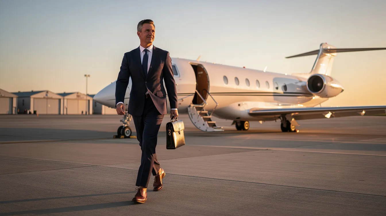 An executive walks confidently across the tarmac of a private terminal, heading toward a waiting business jet, showcasing the luxurious and efficient world of private aviation. The scene highlights the modern private jet, equipped with advanced safety features and a strong safety record, reflecting the high standards of the private aviation industry.