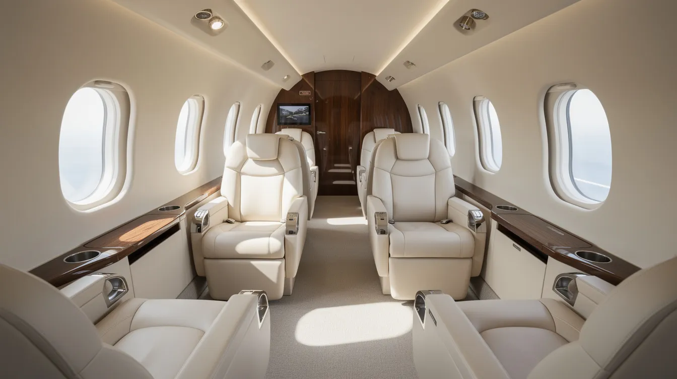 The image shows the interior of a spacious private jet cabin, featuring wide leather seats and abundant natural light streaming through large windows. This luxurious setting is a hallmark of modern private jets, emphasizing comfort and style in private aviation.