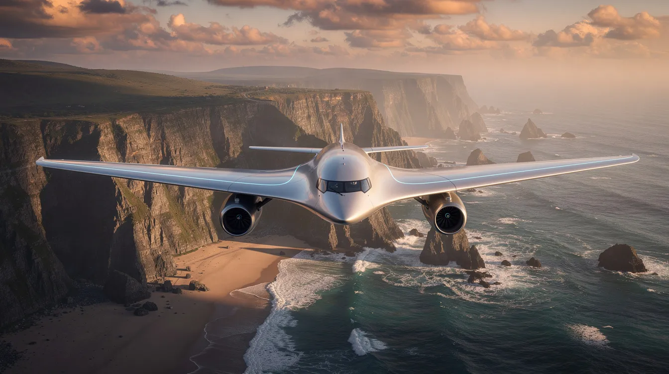 A futuristic blended wing aircraft concept is soaring over a scenic coastal landscape, showcasing its innovative design aimed at sustainable aviation. This fuel-efficient passenger plane represents the next generation of commercial aircraft, designed to reduce fuel consumption and emissions while enhancing flight efficiency.