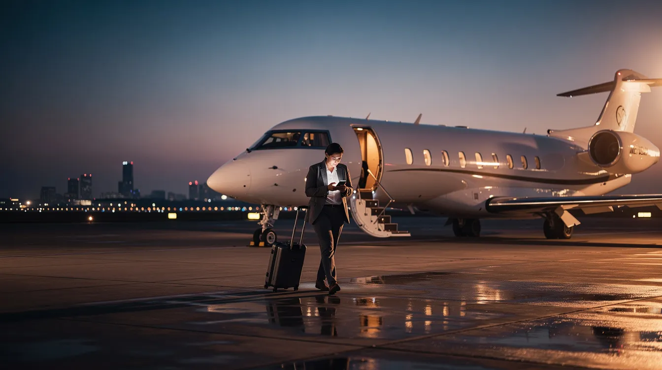 A traveler is seen walking towards a sleek private jet on a tarmac at dusk, using a smartphone. The modern aircraft, designed for fuel efficiency, represents the future of commercial aviation with its innovative features and potential for reduced fuel consumption.