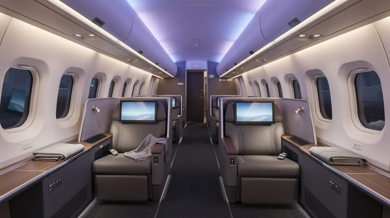 The image shows the interior of a spacious modern passenger aircraft cabin featuring lie-flat seats and ambient mood lighting, designed for comfort and efficiency in commercial aviation. The sleek design emphasizes fuel efficiency and a pleasant flying experience for passengers.