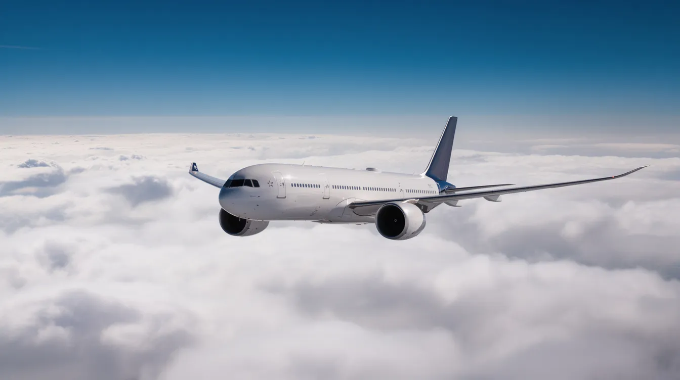 A wide-body commercial passenger airplane, such as an Airbus A350 or Boeing 787, soars gracefully above fluffy white clouds against a backdrop of a clear blue sky, symbolizing the impressive safety record and reliability of modern aircraft in the aviation industry. This image captures the essence of safe air travel, highlighting the strong focus on safety practices and pilot training that contribute to the world's safest aircraft.