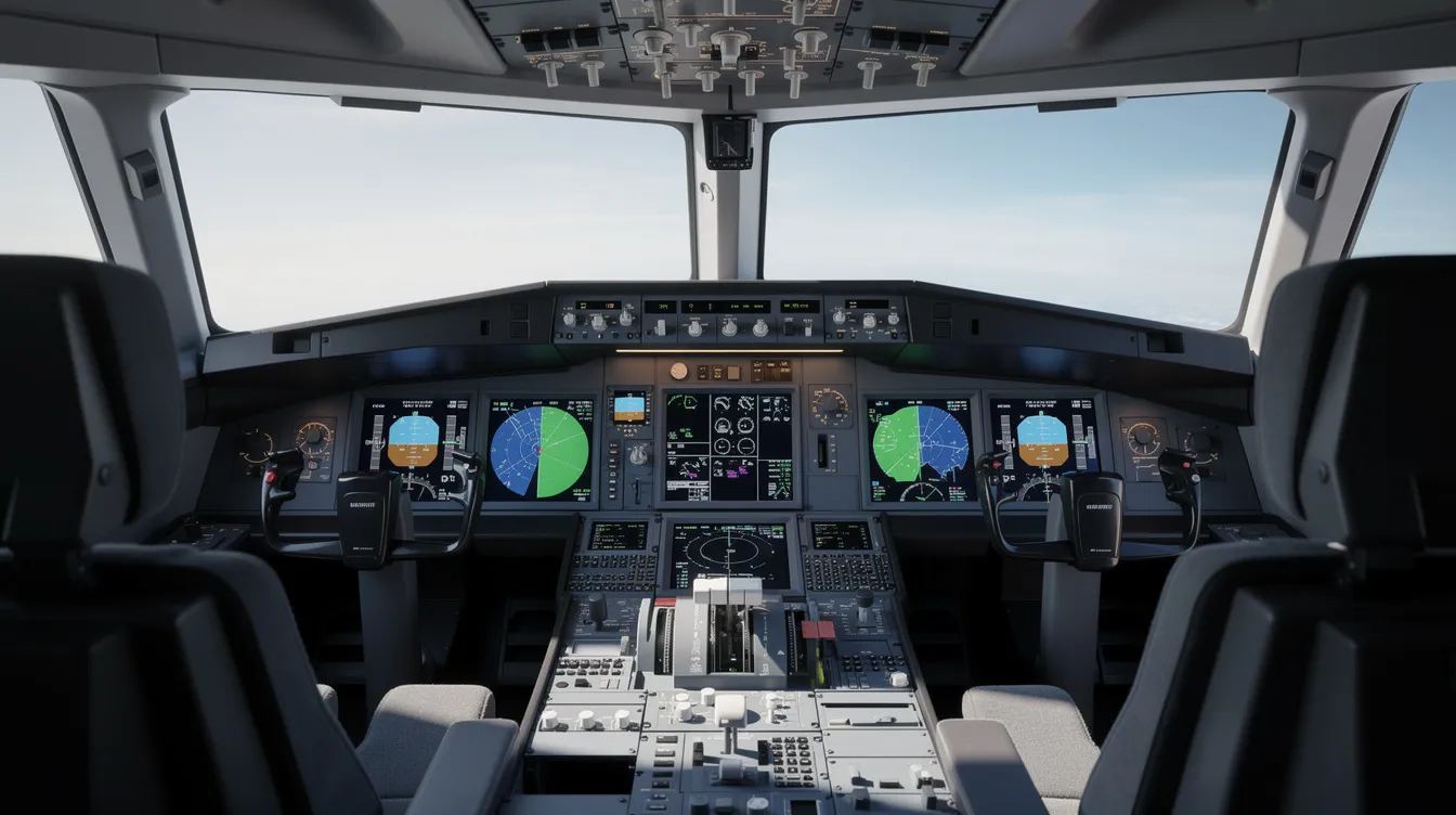 The image showcases a modern glass cockpit of a wide-body airplane, featuring advanced avionics and digital displays that enhance aviation safety. This state-of-the-art design is integral to the operation of the world's safest commercial aircraft, ensuring a high standard of safety practices in the airline industry.