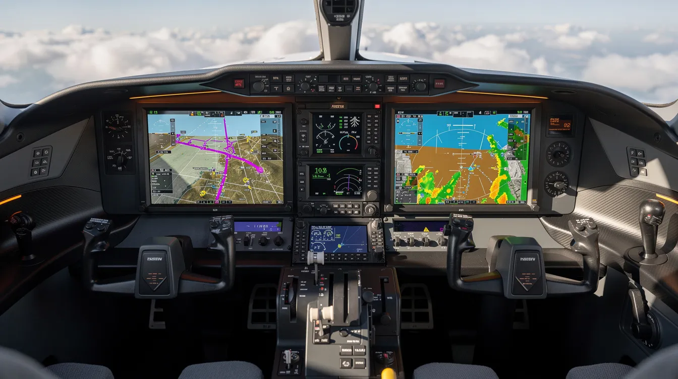 The image depicts a modern glass cockpit of a light jet, featuring multiple advanced avionics screens that display navigation and weather data. This high-tech flight deck exemplifies the operational simplicity and efficiency of single engine personal jets, catering to the needs of up to seven passengers.