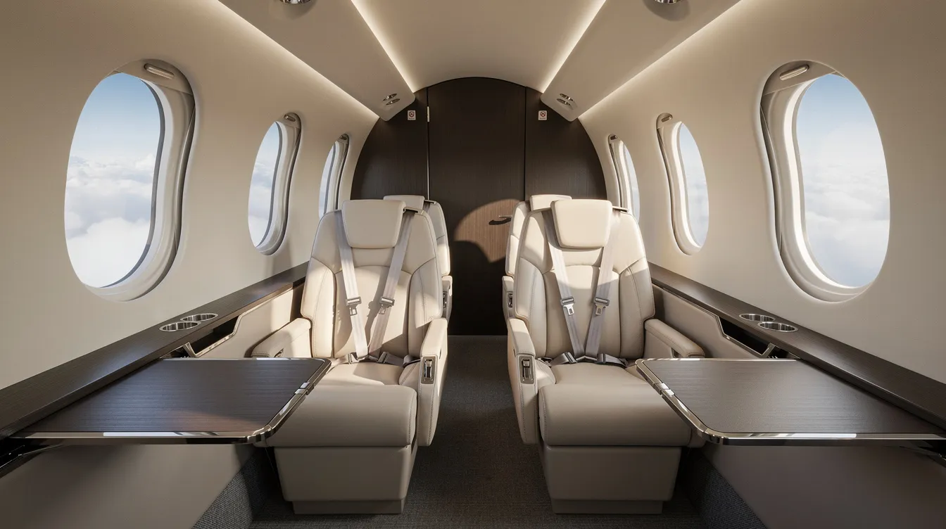 The image depicts the interior of a modern Cirrus Vision Jet cabin, featuring cream leather seats and large oval windows that reveal a view of fluffy clouds outside. This spacious cabin is designed for up to seven passengers, showcasing the advanced avionics and luxurious comfort typical of personal jets in the very light jet market.