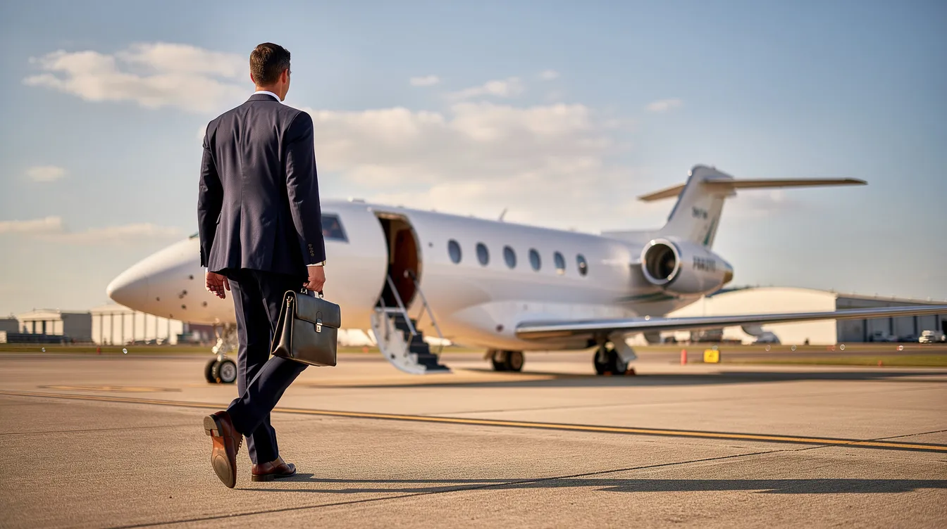 A business professional in a tailored suit is walking toward a sleek Cirrus Vision Jet on a sunny tarmac, showcasing the modern design of this single engine personal jet. The scene highlights the aircraft's impressive presence and efficiency, ideal for business travelers seeking comfort and advanced avionics.