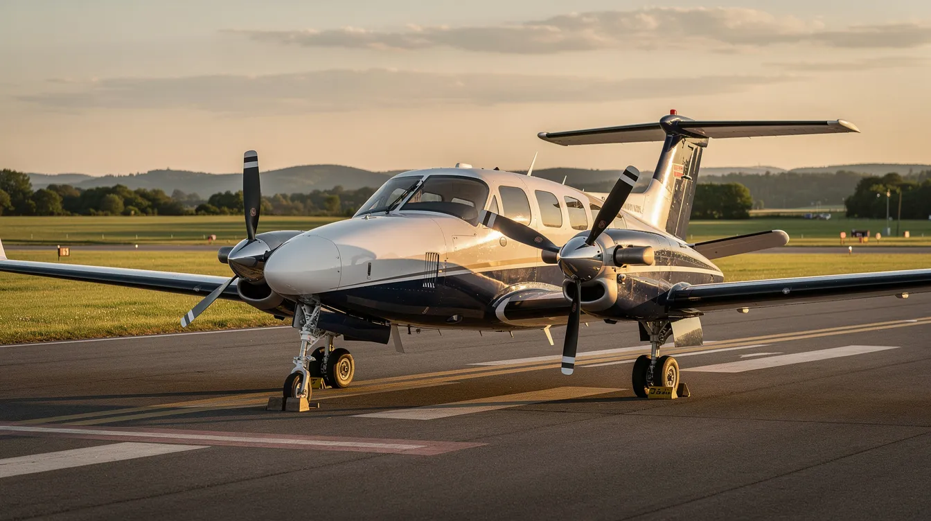 A sleek single-engine turboprop aircraft is parked on a quiet regional airstrip, surrounded by lush green landscapes, showcasing its impressive fuel efficiency and modern avionics. The aircraft, designed for general aviation and personal travel, reflects a unique blend of operational simplicity and high performance.