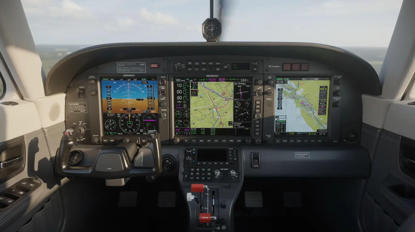 The image depicts a modern glass cockpit inside a single-engine aircraft, featuring colorful digital flight displays and advanced avionics. This cockpit design enhances the flying experience with its cutting-edge features, providing pilots with essential information for efficient performance and operational simplicity.