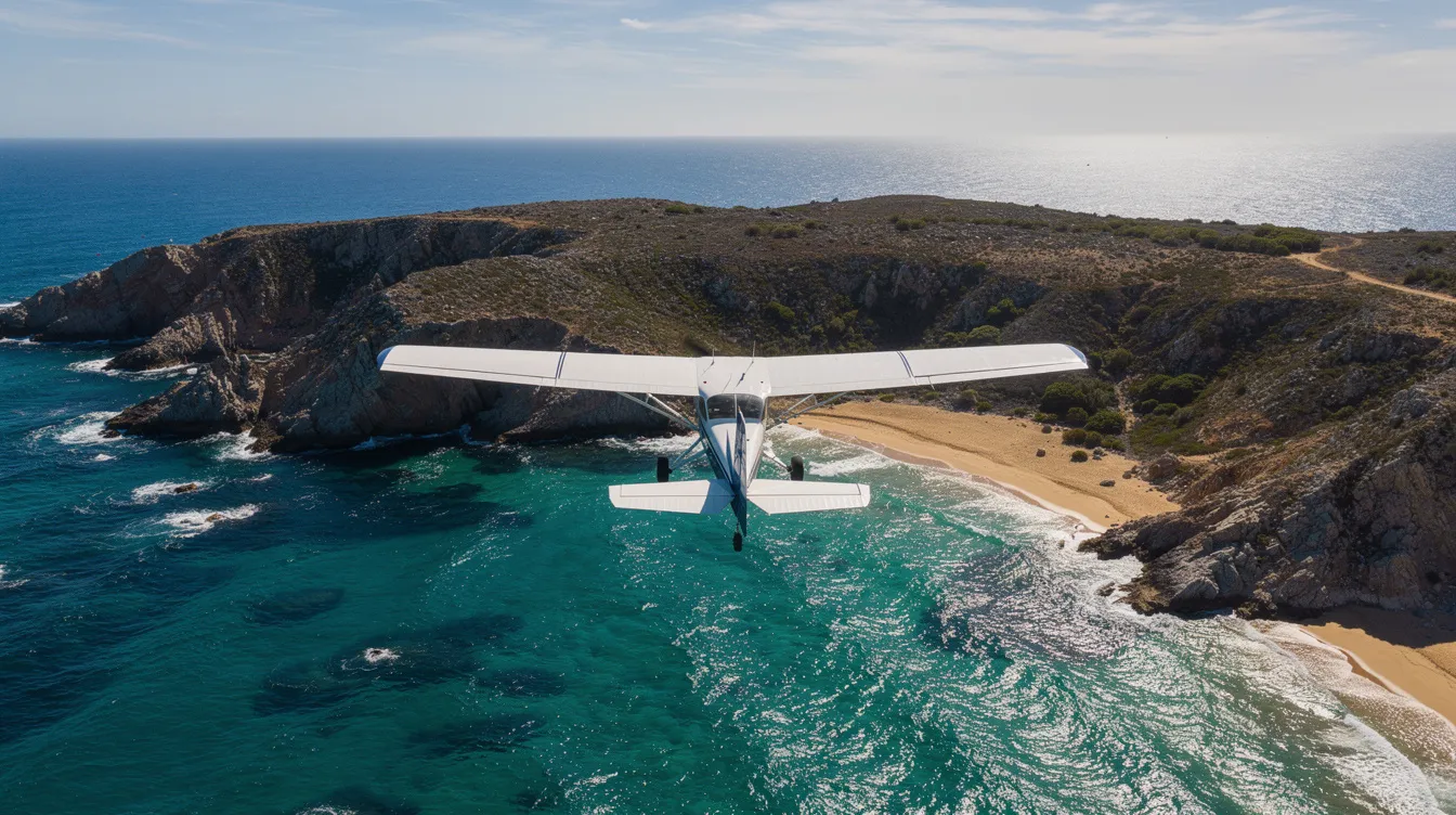 An aerial view captures a single-engine aircraft soaring above a stunning coastal landscape, showcasing the vibrant blue waters below. The scene highlights the impressive fuel efficiency and operational simplicity of the single-engine piston aircraft, making it ideal for personal travel and flight training.